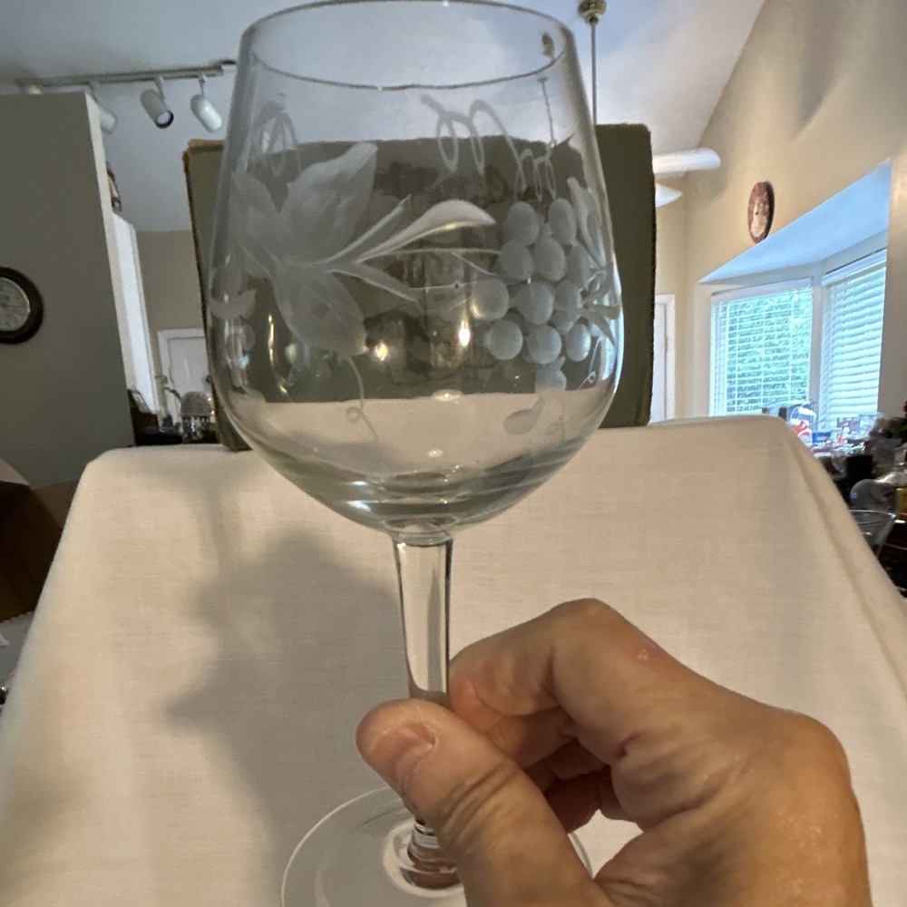 Set of 4 Clear Etched Grape and Vine Stemmed Cordial Glasses 7.75 in Tall